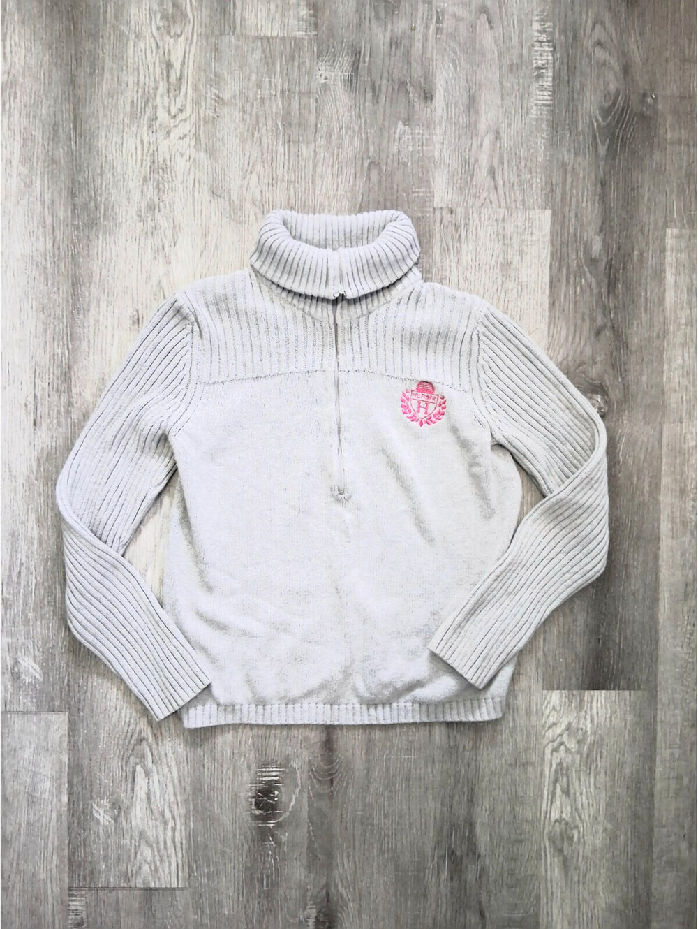 Y2K TOMMY HILFIGER Womens XL 100% Cotton Gray Embroidered 1/2 Zip Ribbed Sweater